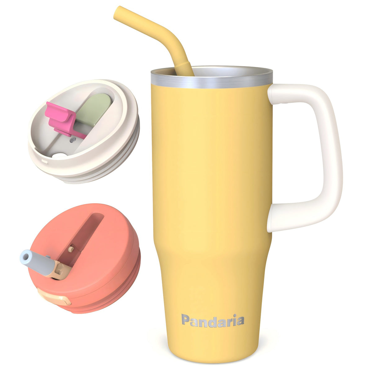 30 oz Insulated Tumbler with Handle and Straw, Stainless Steel Coffee Tumbler with 2 Lids, Double Wall Vacuum Travel Mug, Buttercream Yellow