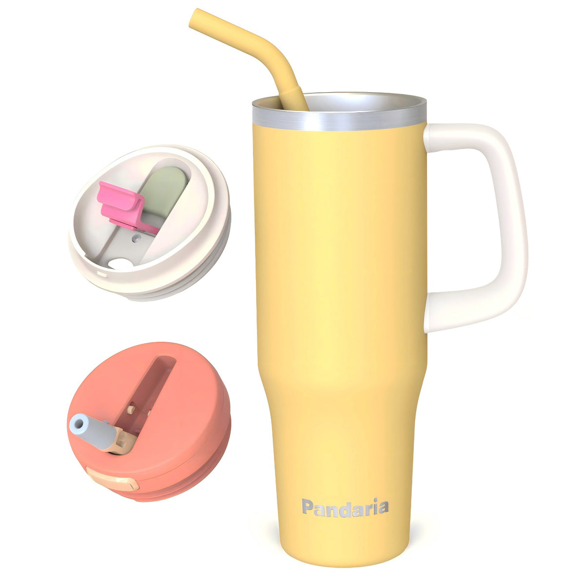 40 oz Insulated Tumbler with Handle and Straw, Stainless Steel Coffee Tumbler with 2 Lids, Double Wall Vacuum Travel Mug, Buttercream Yellow