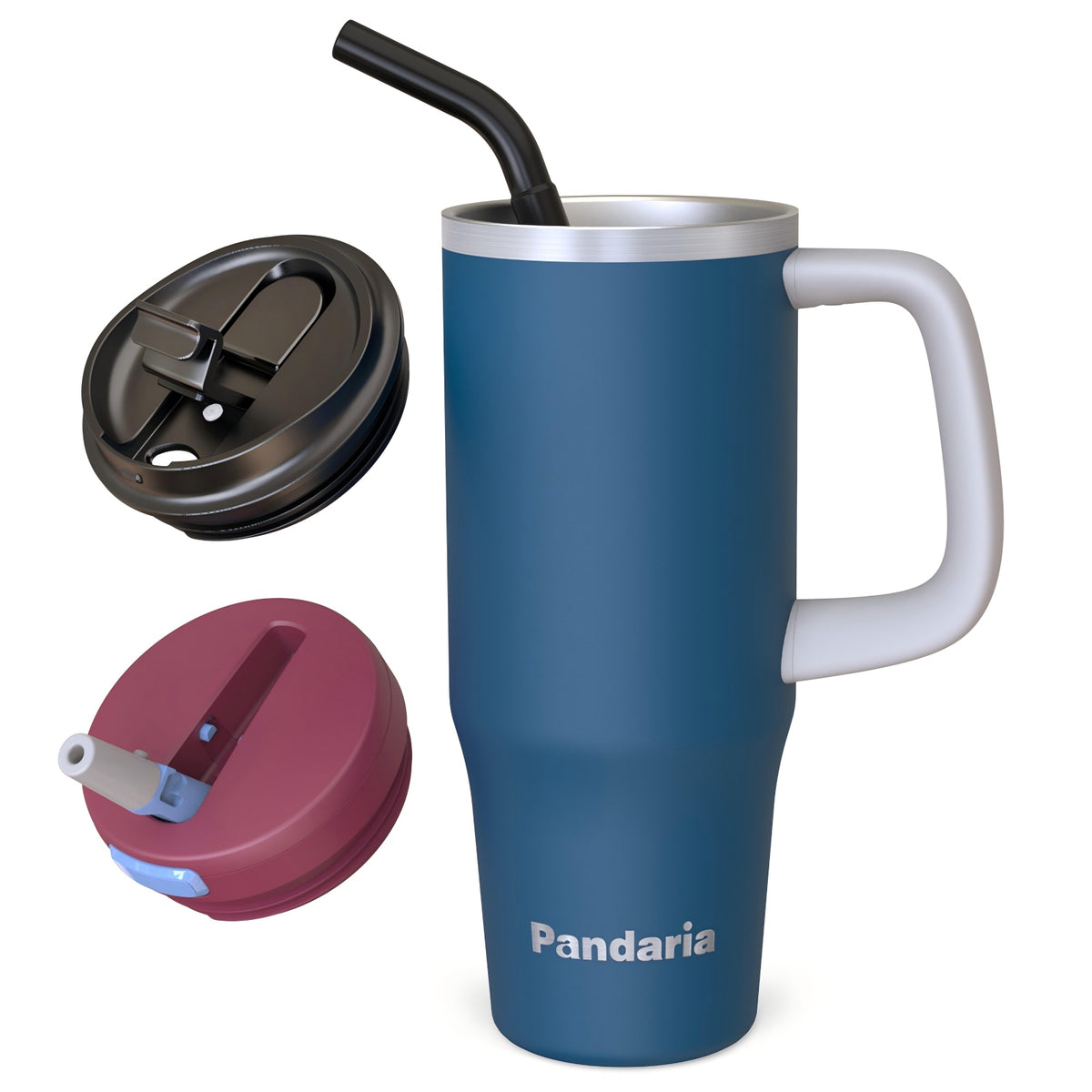 30 oz Insulated Tumbler with Handle and Straw, Stainless Steel Coffee Tumbler with 2 Lids, Double Wall Vacuum Travel Mug, Midnight Navy