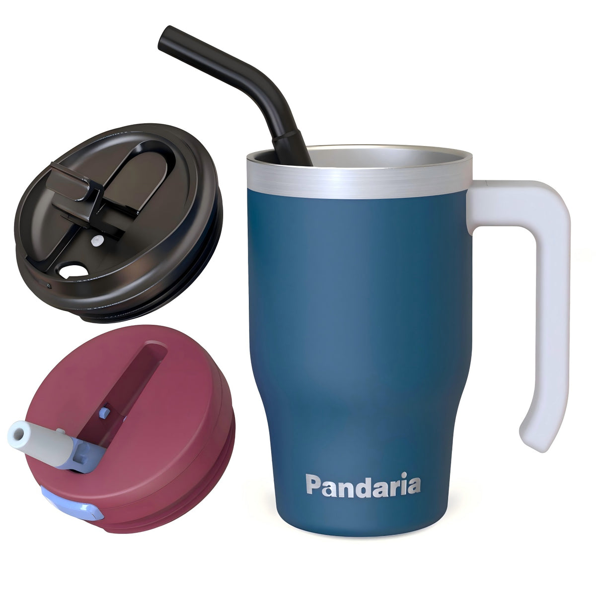 20 oz Insulated Tumbler with Handle and Straw, Stainless Steel Coffee Tumbler with 2 Lids, Double Wall Vacuum Travel Mug, Midnight Navy