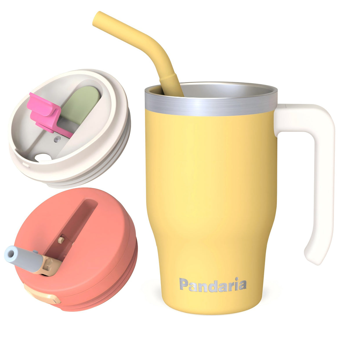 20 oz Insulated Tumbler with Handle and Straw, Stainless Steel Coffee Tumbler with 2 Lids, Double Wall Vacuum Travel Mug, Buttercream Yellow