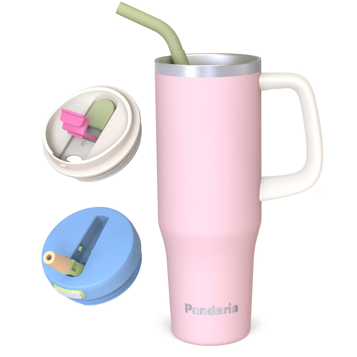 40 oz Insulated Tumbler with Handle and Straw, Stainless Steel Coffee Tumbler with 2 Lids, Double Wall Vacuum Travel Mug, Blush Pink