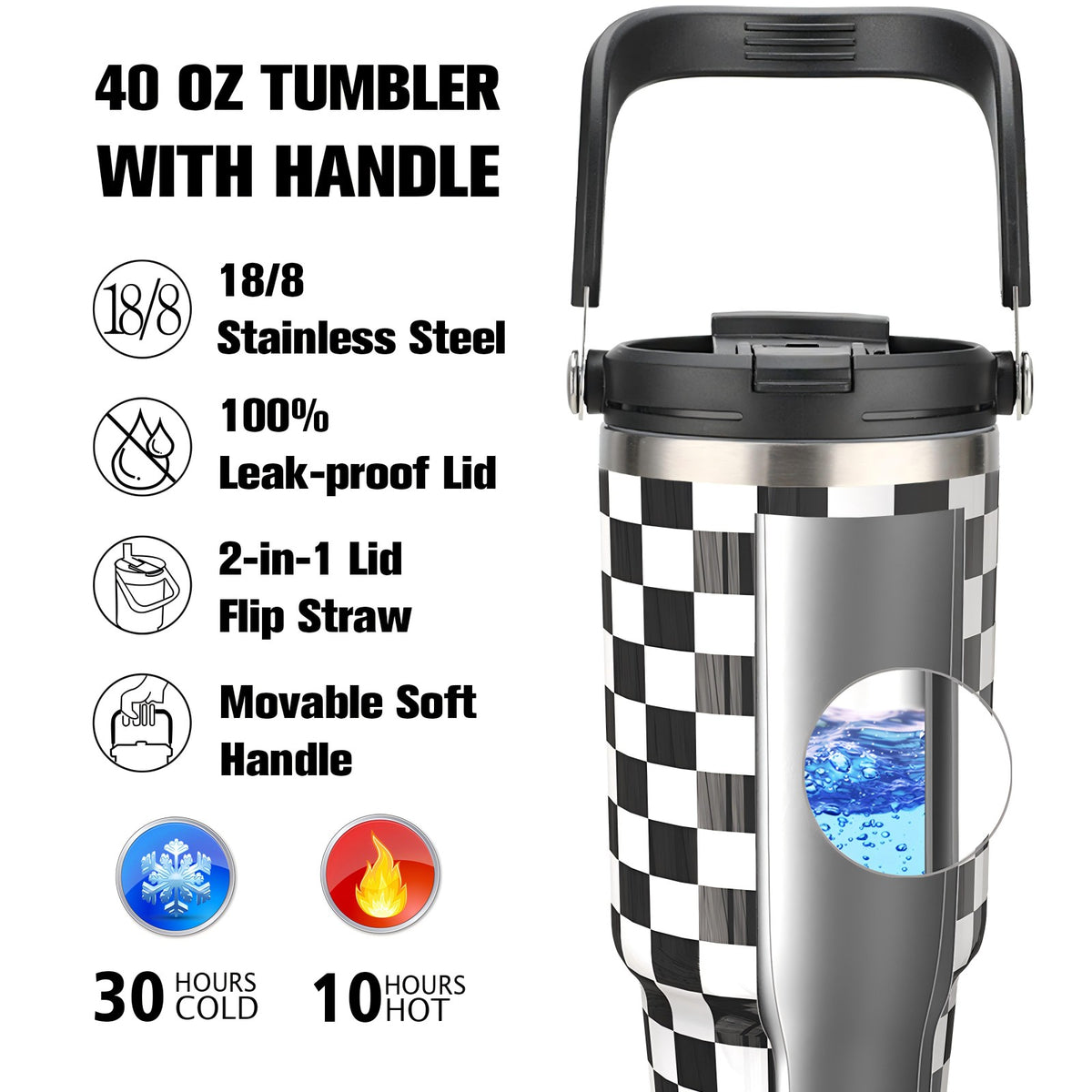 40 oz Tumbler with Handle and 2-in-1 Lid Flip Straw, 100% Leak Resistant Water Bottle, Black white check