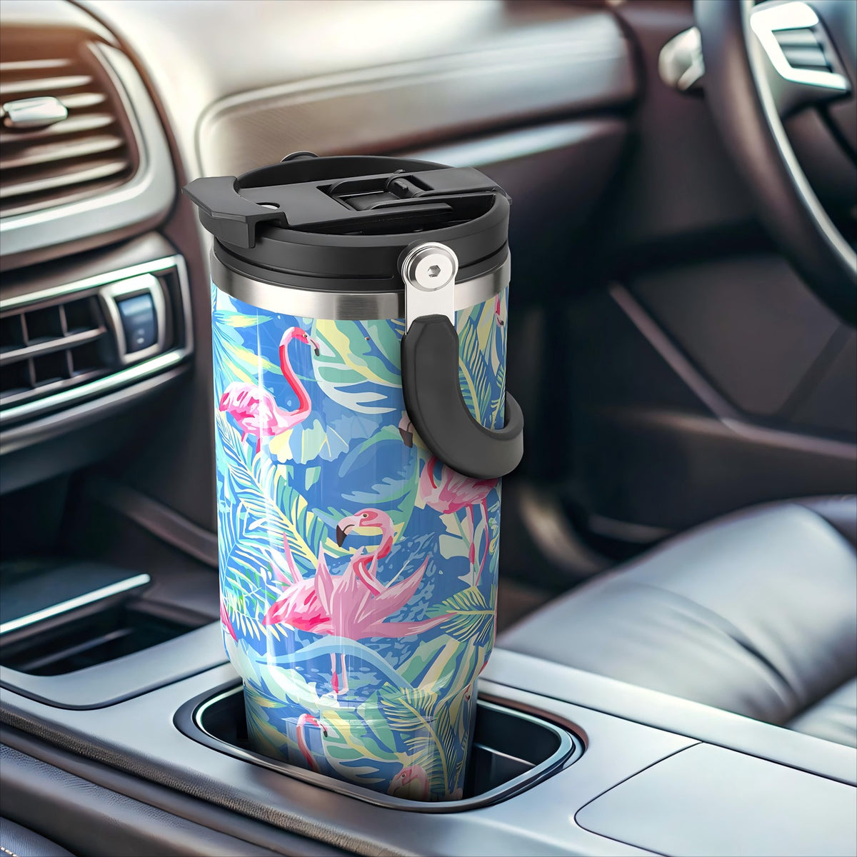 40 oz Tumbler with Handle and 2-in-1 Lid Flip Straw, 100% Leak Resistant Water Bottle, Flamingo