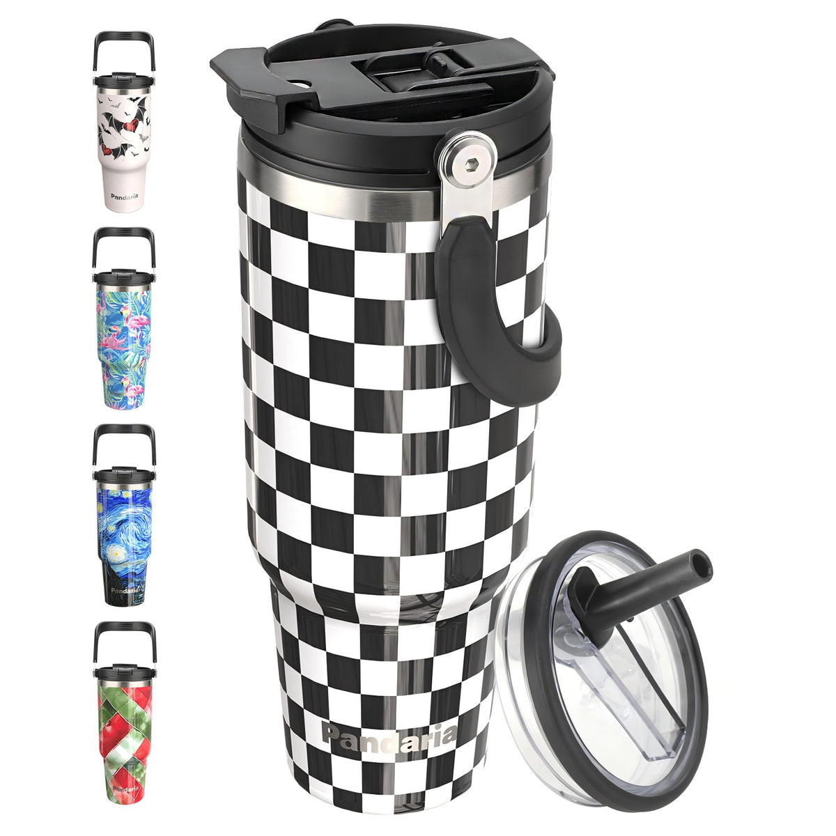 40 oz Tumbler with Handle and 2-in-1 Lid Flip Straw, 100% Leak Resistant Water Bottle, Black white check