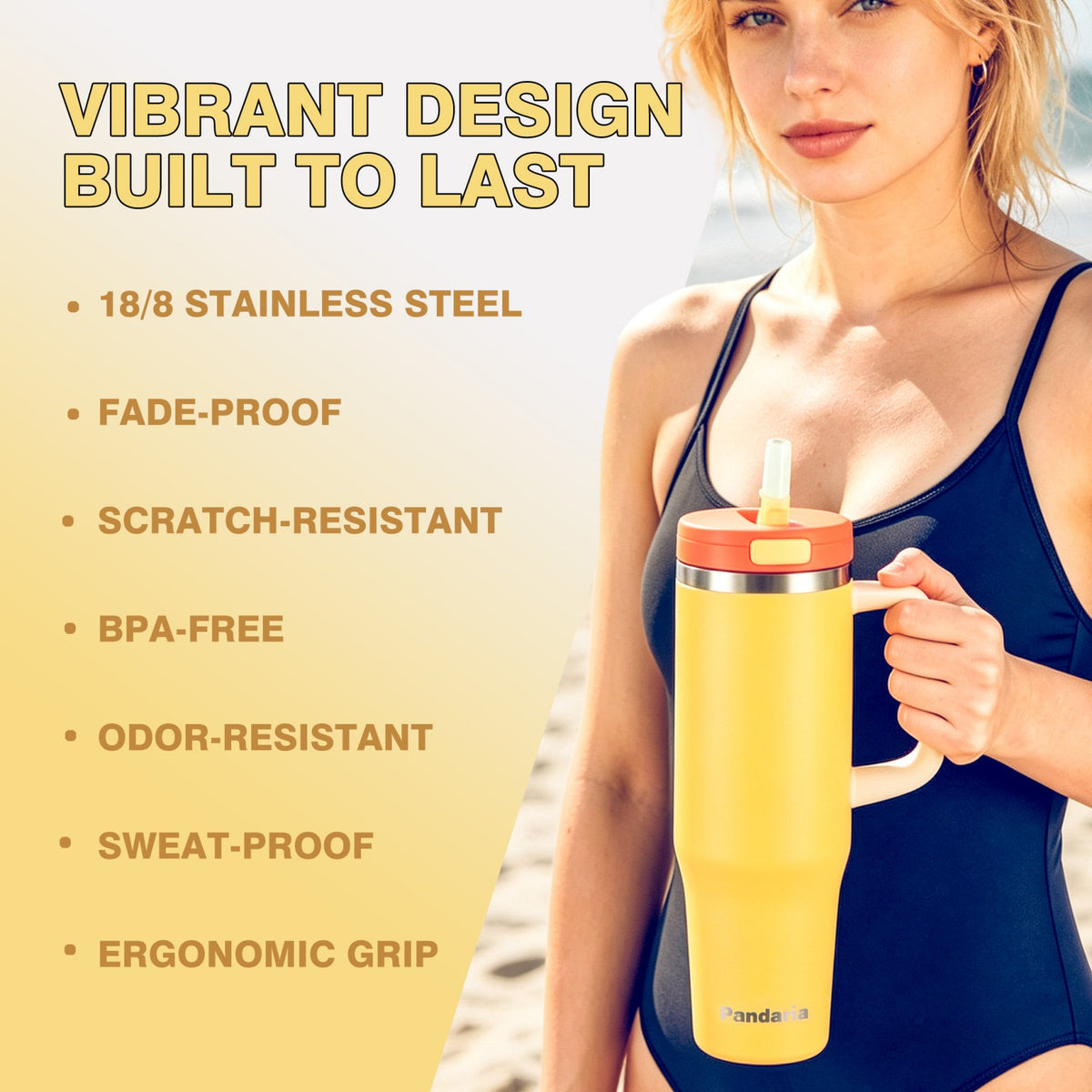 40 oz Insulated Tumbler with Handle and Straw, Stainless Steel Coffee Tumbler with 2 Lids, Double Wall Vacuum Travel Mug, Buttercream Yellow