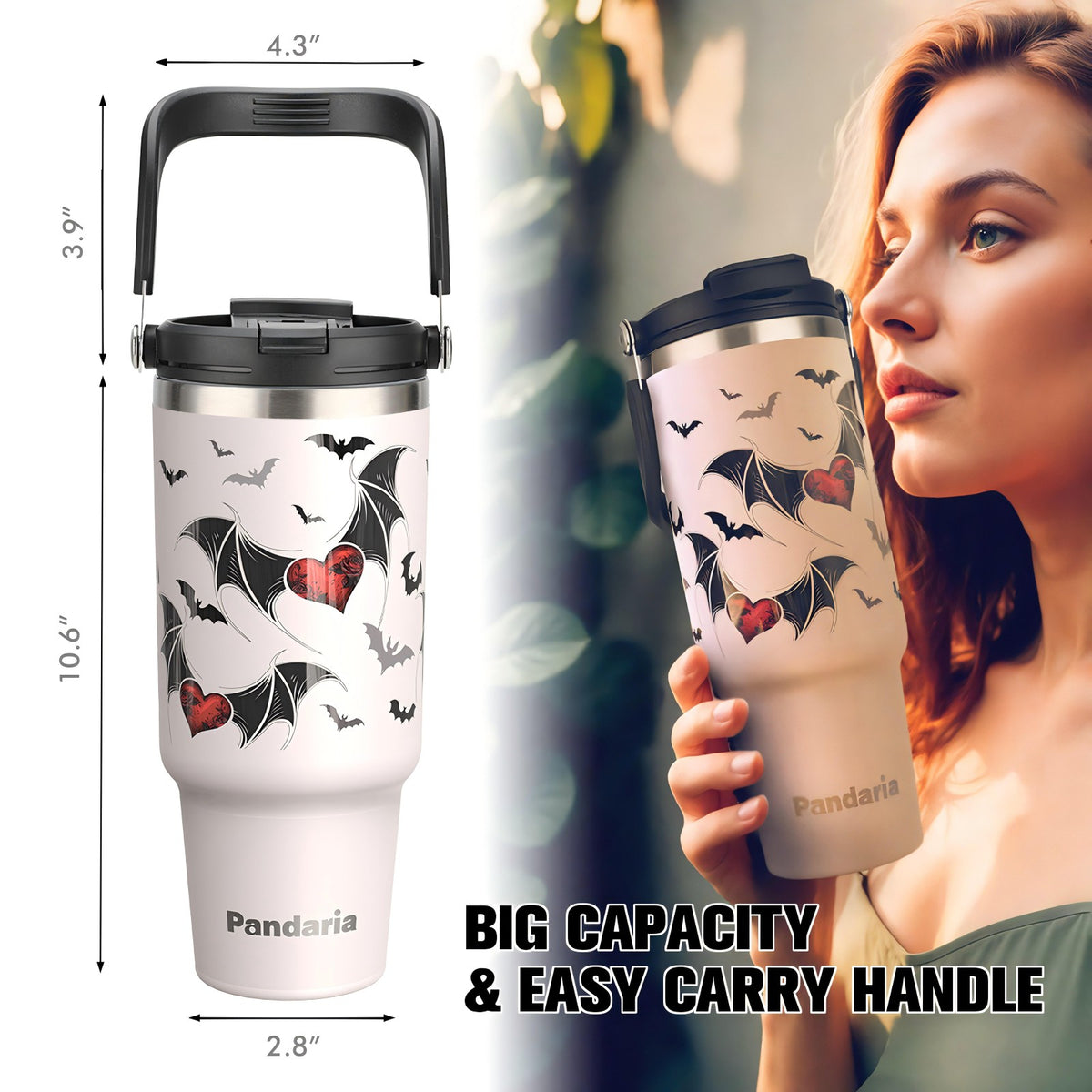 40 oz Tumbler with Handle and 2-in-1 Lid Flip Straw, 100% Leak Resistant Water Bottle, Devil