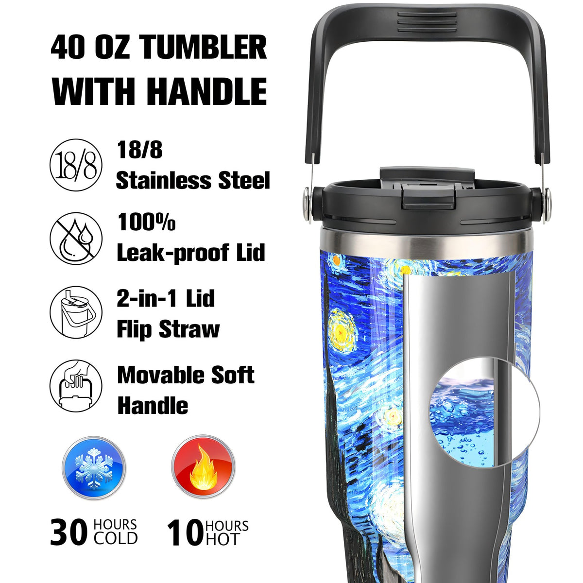 40 oz Tumbler with Handle 2in1 Lid Flip Straw, 100% Leak Resistant Water Bottle (Starry Night)