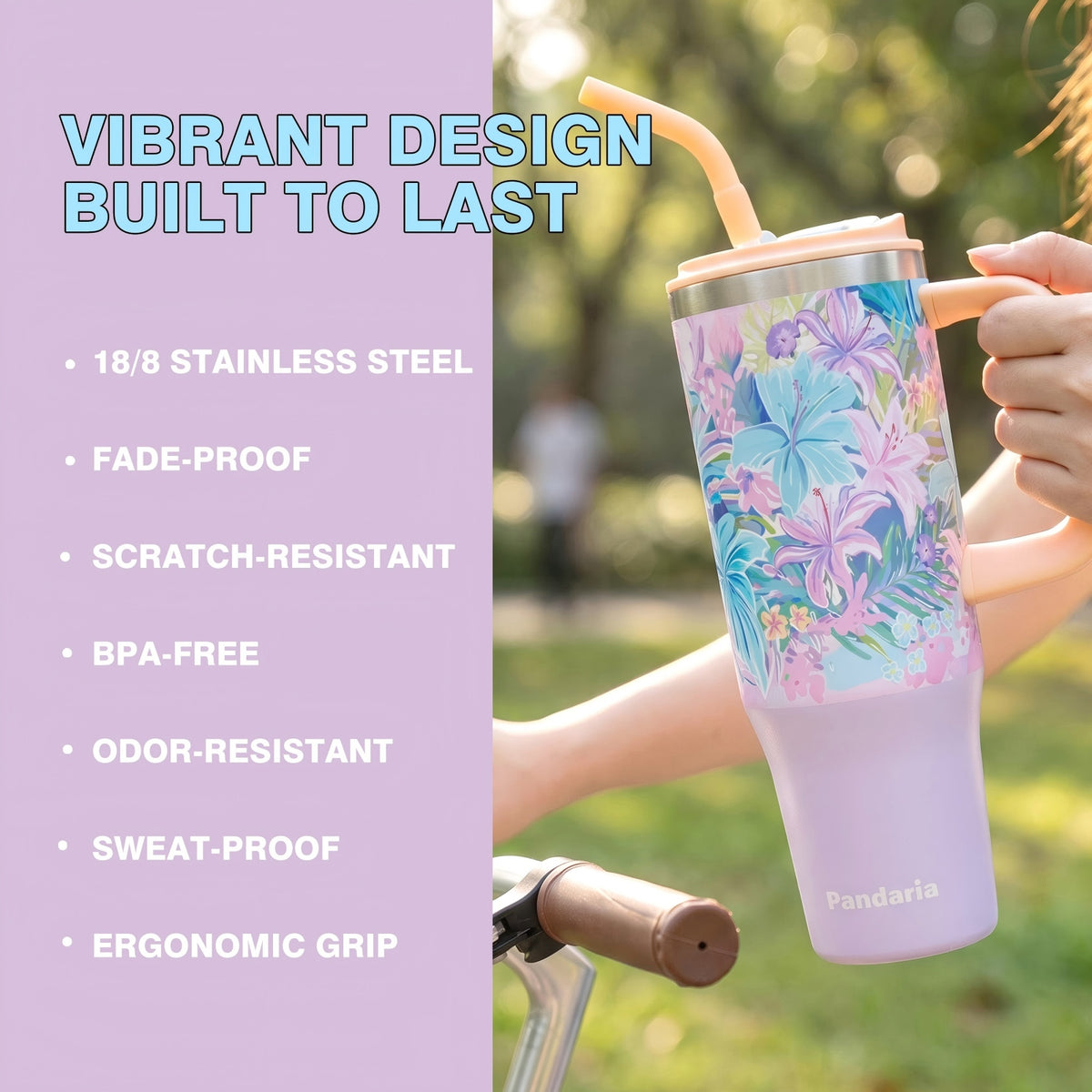 40oz Tumbler with Handle, Lily Haze Travel Mug, leakproof Lid