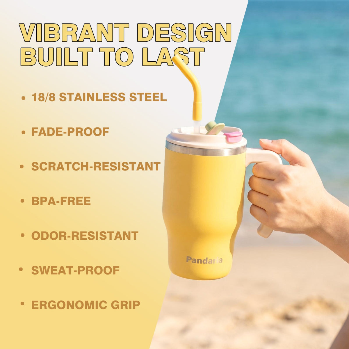 20 oz Insulated Tumbler with Handle and Straw, Stainless Steel Coffee Tumbler with 2 Lids, Double Wall Vacuum Travel Mug, Buttercream Yellow
