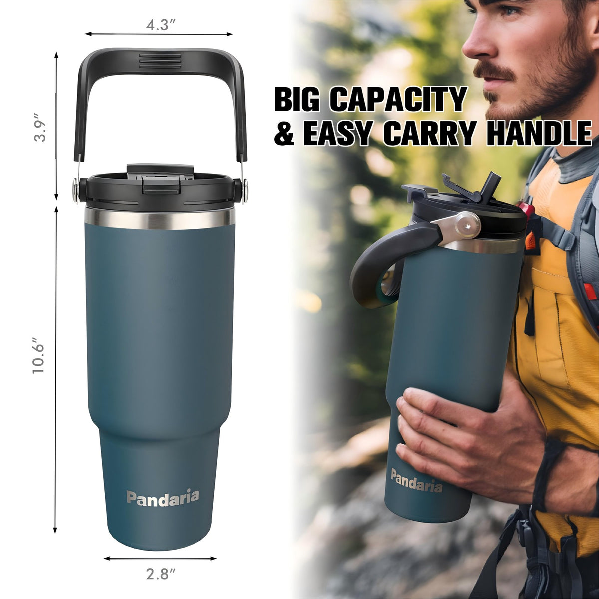 40 oz Tumbler with Handle Leakproof Water Bottles with 2in1 Lid Flip Straw, Stainless Steel Insulated Coffee Travel Mug ,Navy