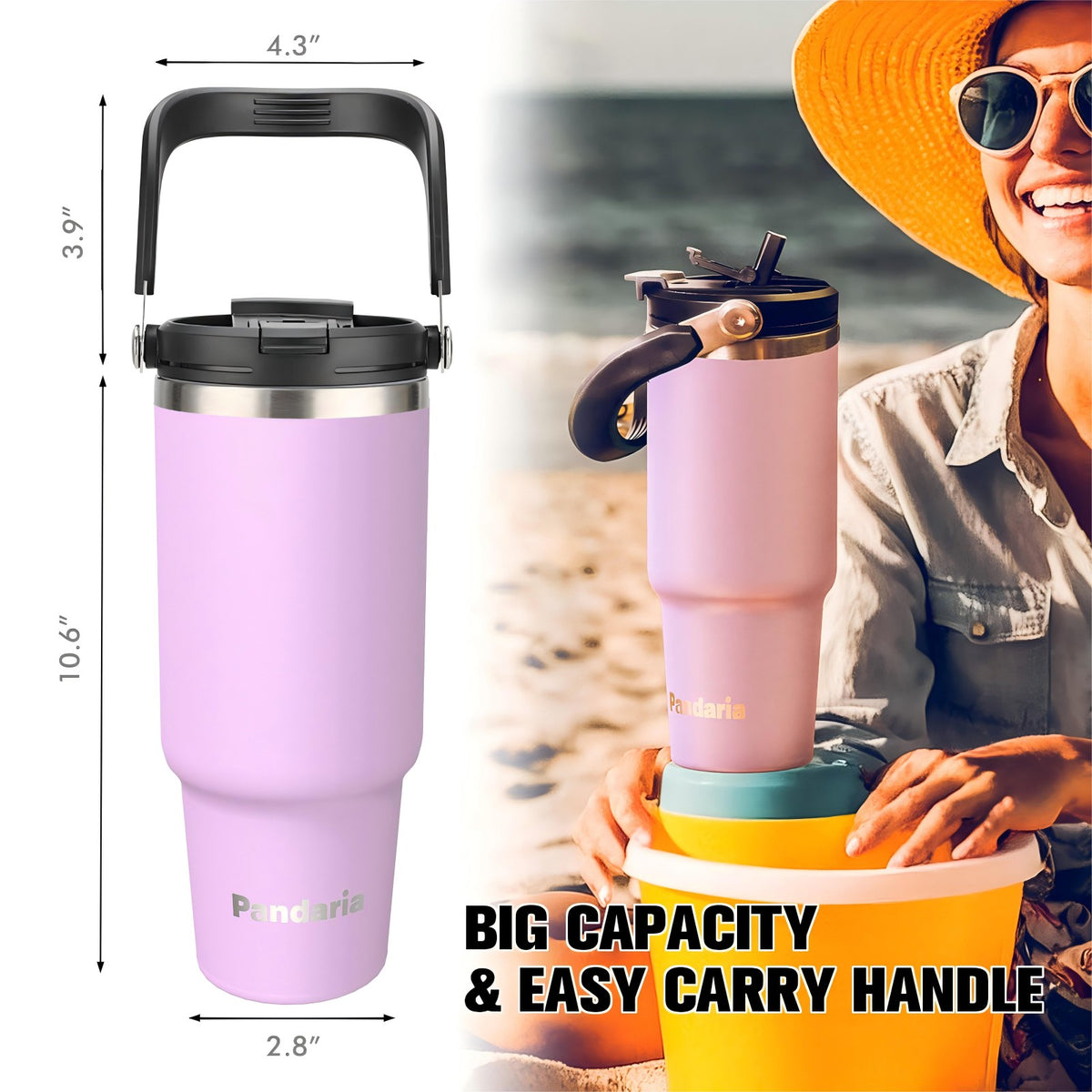 40 oz Tumbler with Handle Leakproof Water Bottles with 2in1 Lid Flip Straw, Stainless Steel Insulated Coffee Travel Mug ,Purple