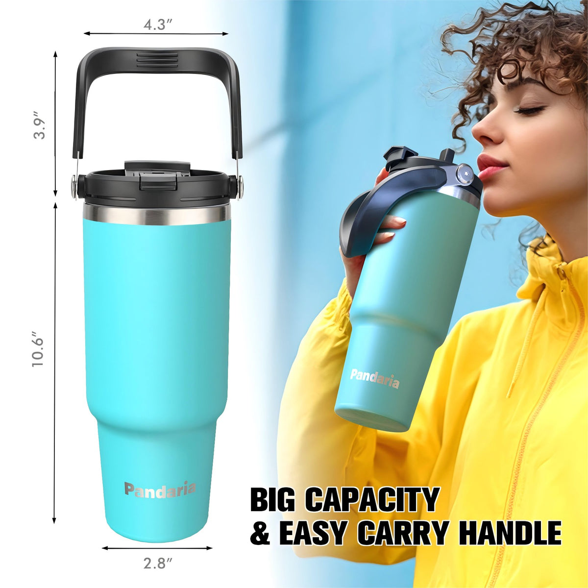 40 oz Tumbler with Handle Leakproof Water Bottles with 2in1 Lid Flip Straw, Stainless Steel Insulated Coffee Travel Mug, Turquoise
