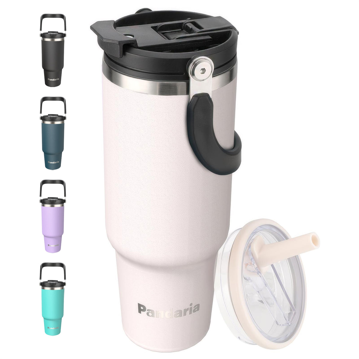 40 oz Tumbler with Handle Leakproof Water Bottles with 2in1 Lid Flip Straw, Stainless Steel Insulated Coffee Travel Mug, white