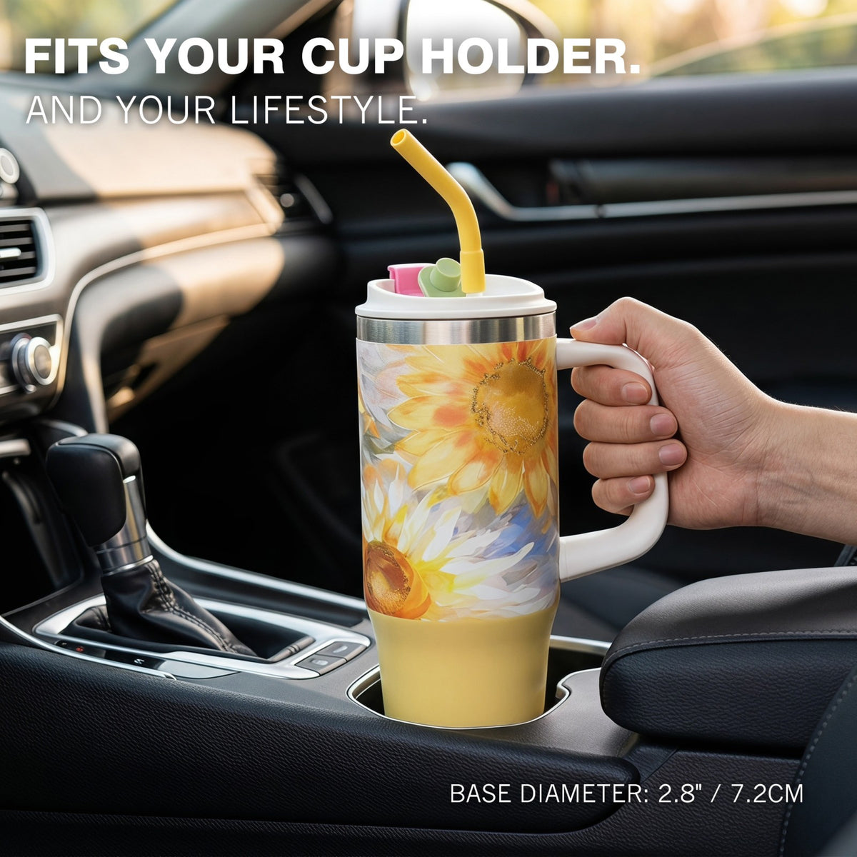 30 oz Tumbler with Handle, Sunflower Tumbler Mug