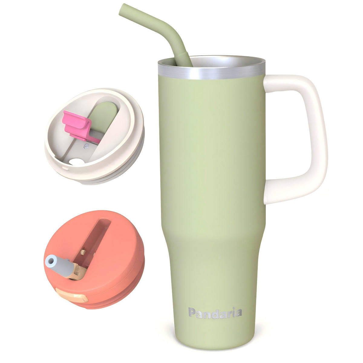 40 oz Insulated Tumbler with Handle and Straw, Stainless Steel Coffee Tumbler with 2 Lids, Double Wall Vacuum Travel Mug - Sage Green