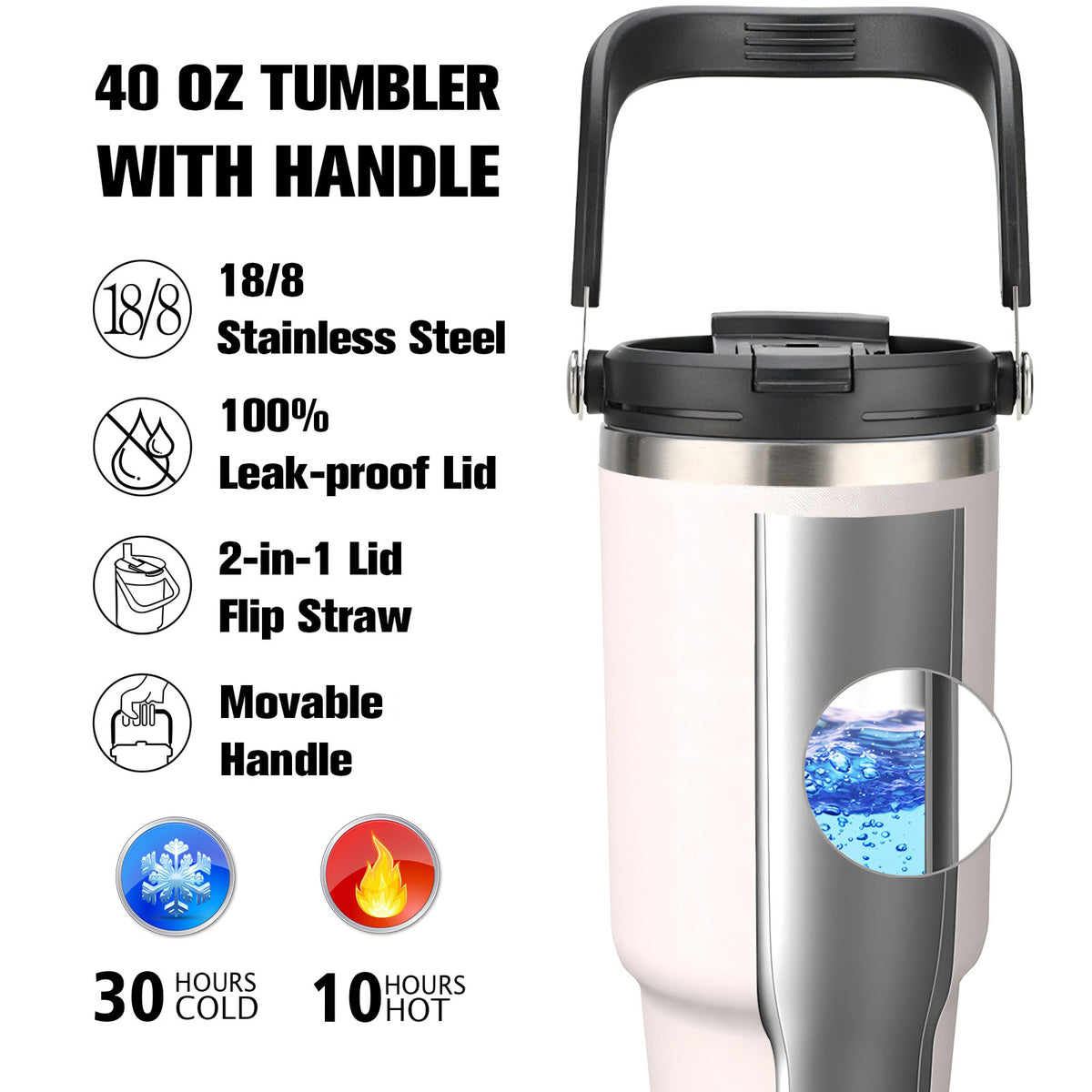 40 oz Tumbler with Handle Leakproof Water Bottles with 2in1 Lid Flip Straw, Stainless Steel Insulated Coffee Travel Mug, white