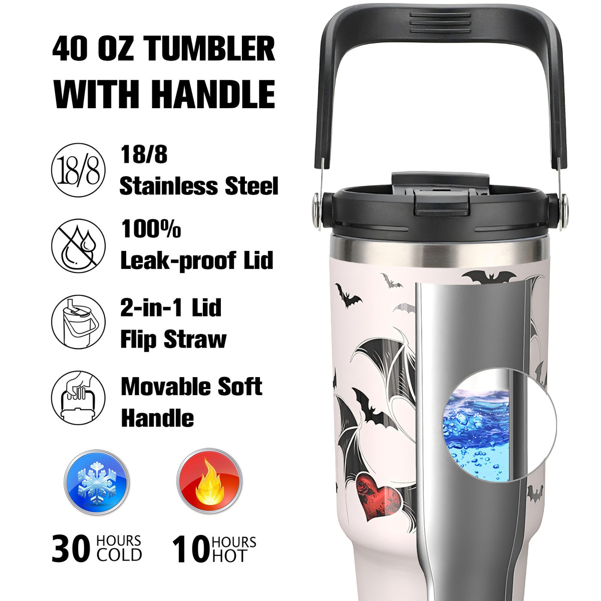 40 oz Tumbler with Handle and 2-in-1 Lid Flip Straw, 100% Leak Resistant Water Bottle, Devil