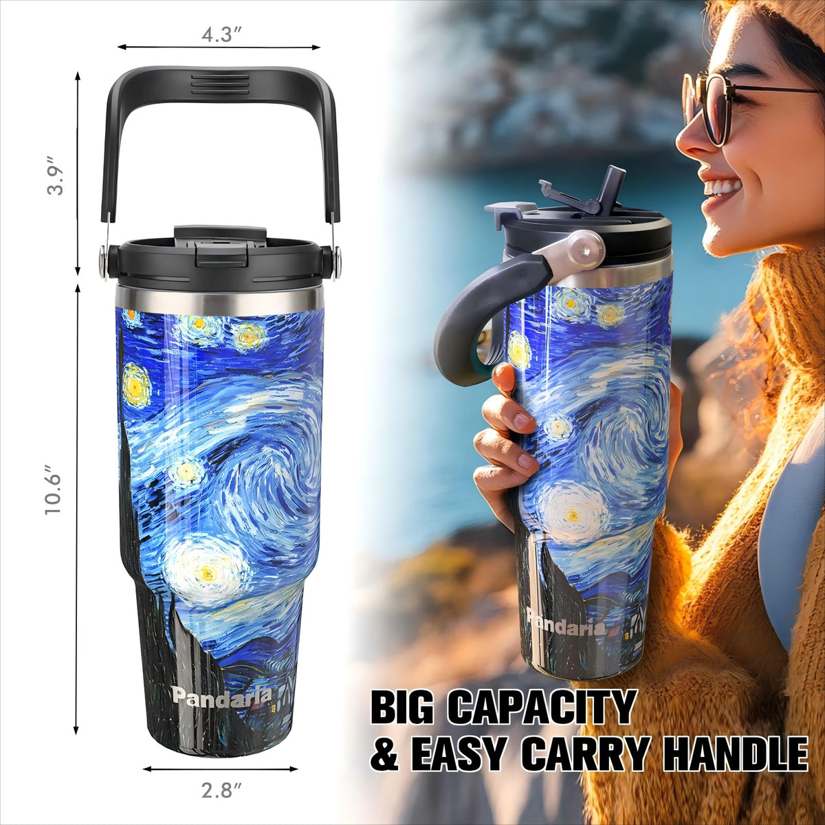 40 oz Tumbler with Handle 2in1 Lid Flip Straw, 100% Leak Resistant Water Bottle (Starry Night)