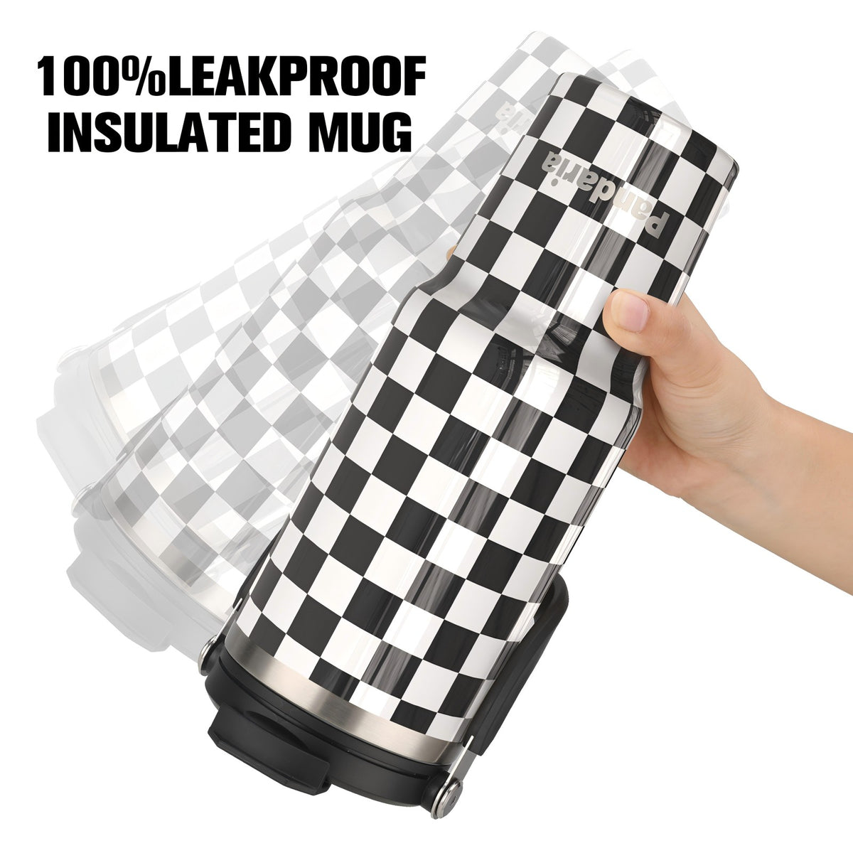 40 oz Tumbler with Handle and 2-in-1 Lid Flip Straw, 100% Leak Resistant Water Bottle, Black white check