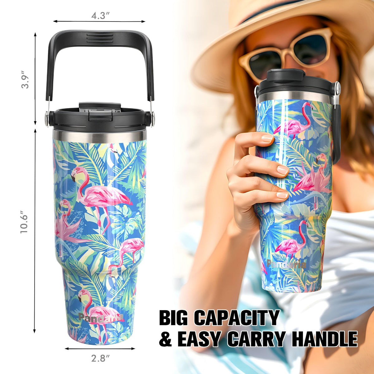 40 oz Tumbler with Handle and 2-in-1 Lid Flip Straw, 100% Leak Resistant Water Bottle, Flamingo