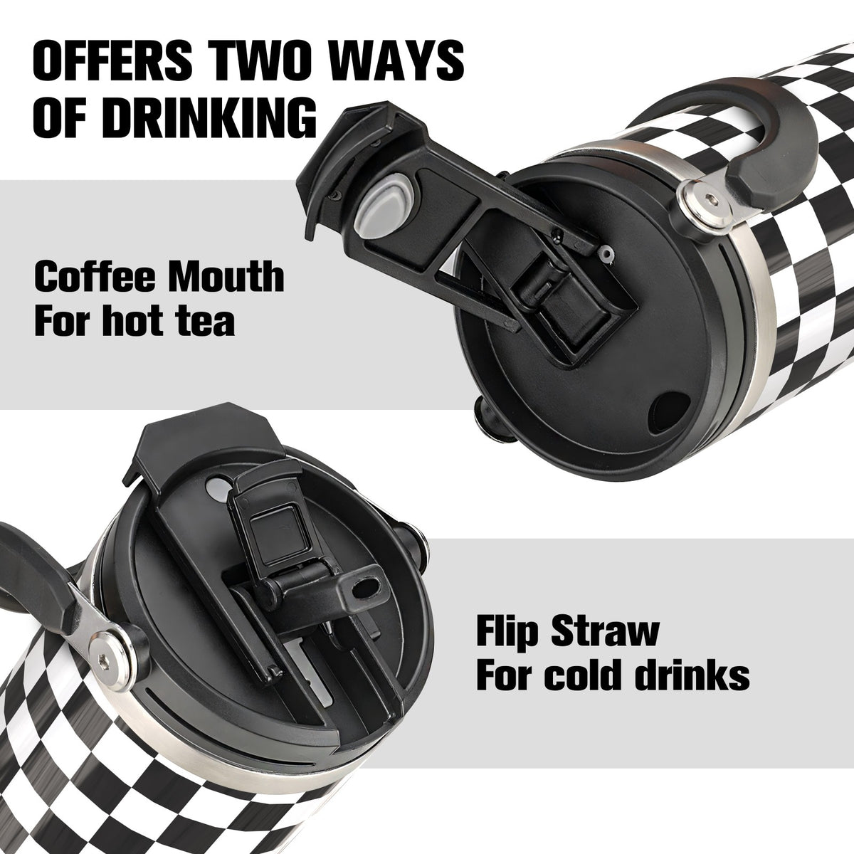 40 oz Tumbler with Handle and 2-in-1 Lid Flip Straw, 100% Leak Resistant Water Bottle, Black white check
