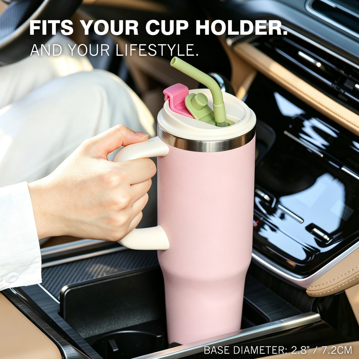 40 oz Insulated Tumbler with Handle and Straw, Stainless Steel Coffee Tumbler with 2 Lids, Double Wall Vacuum Travel Mug, Blush Pink