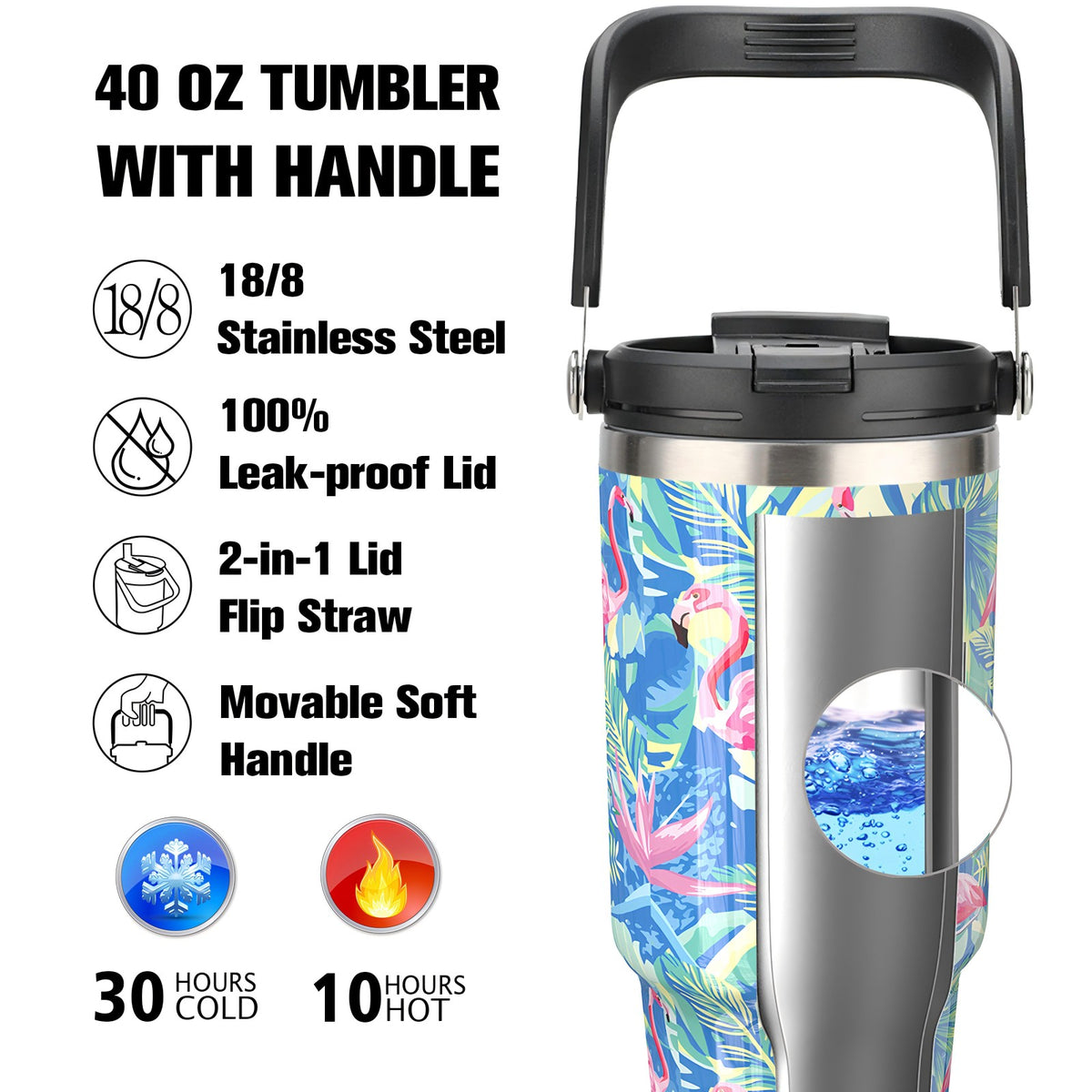 40 oz Tumbler with Handle and 2-in-1 Lid Flip Straw, 100% Leak Resistant Water Bottle, Flamingo