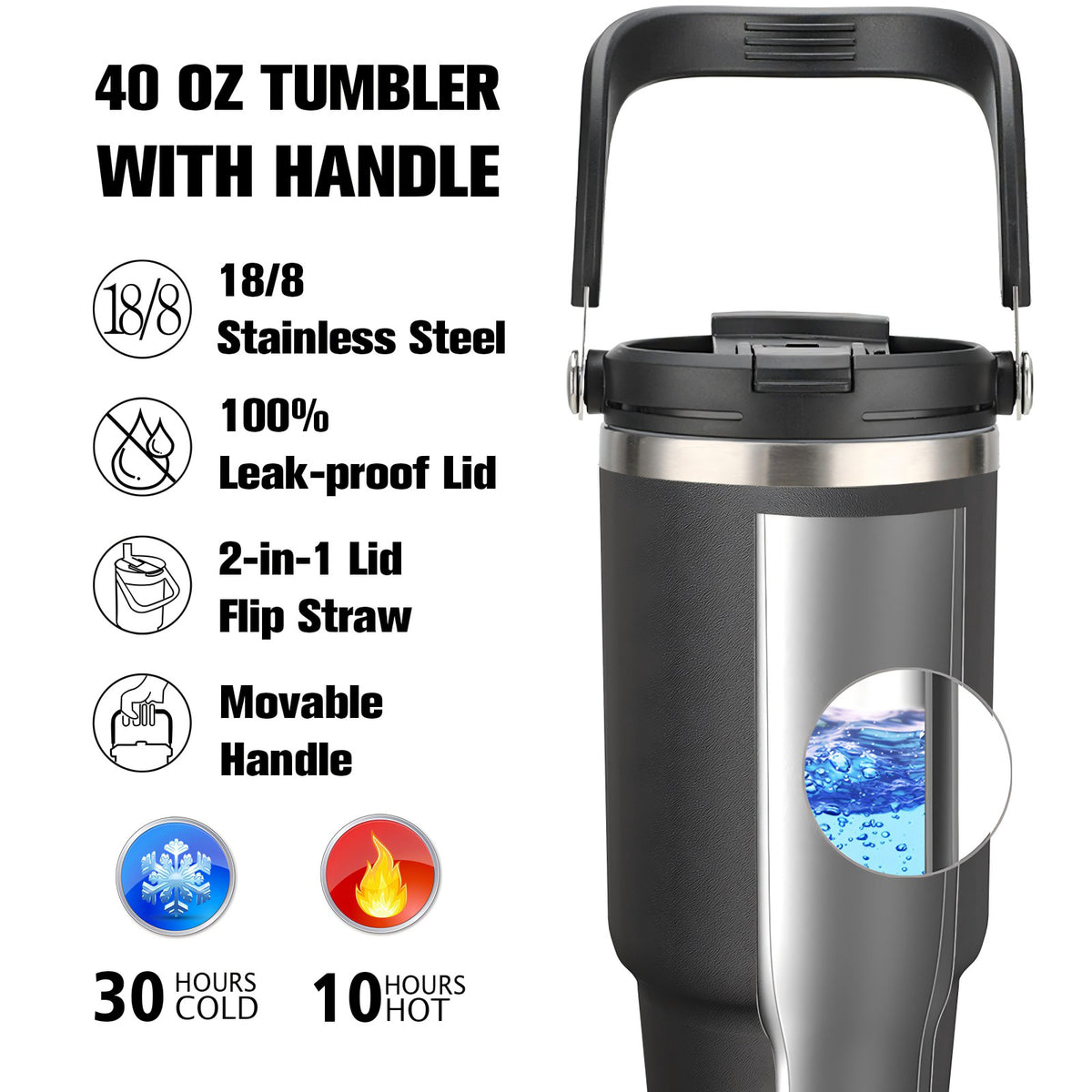 40 oz Tumbler with Handle Leakproof Water Bottles with 2in1 Lid Flip Straw, Stainless Steel Insulated Coffee Travel Mug, Black
