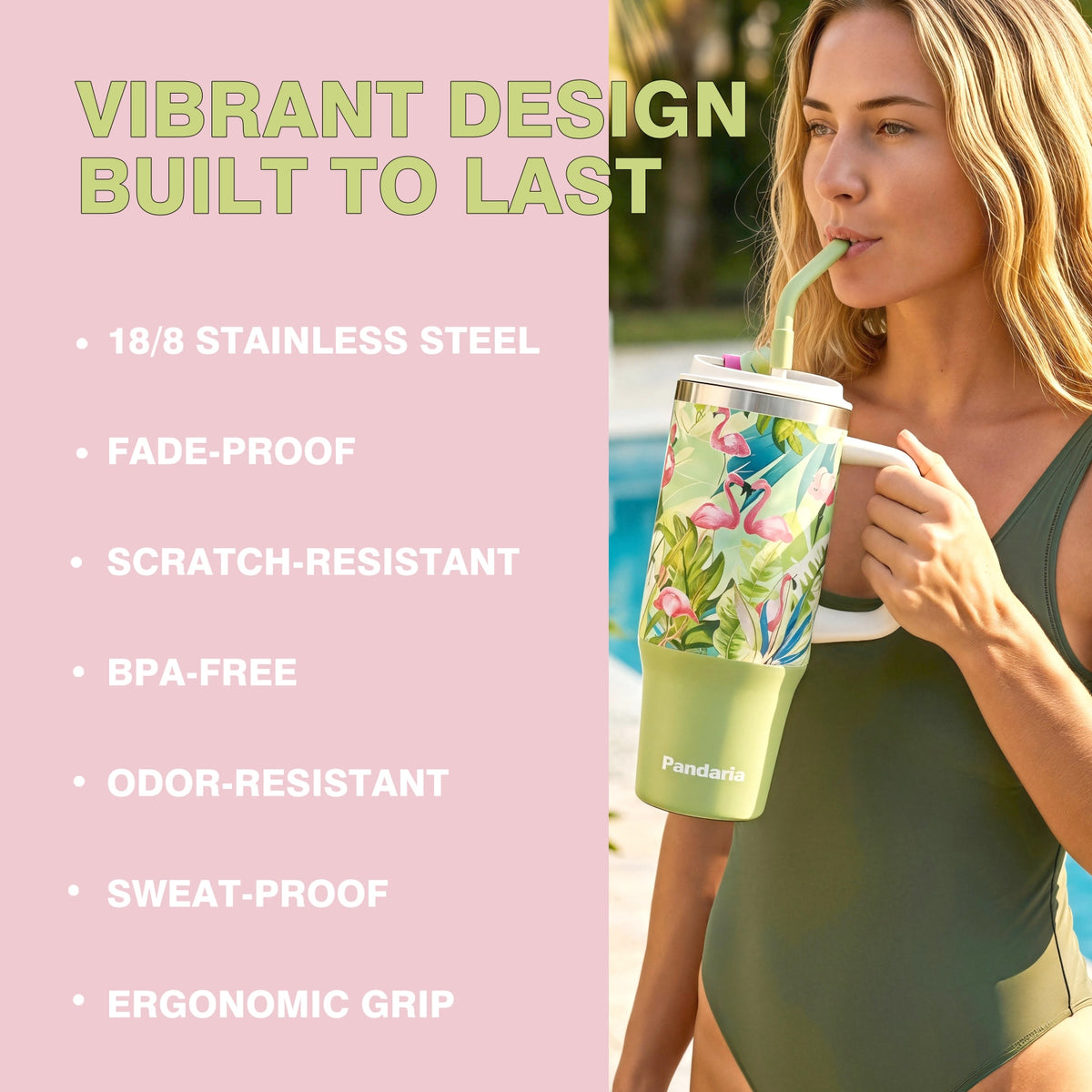 30 oz Tumbler with Handle, Flamingo Vibe Travel Mug