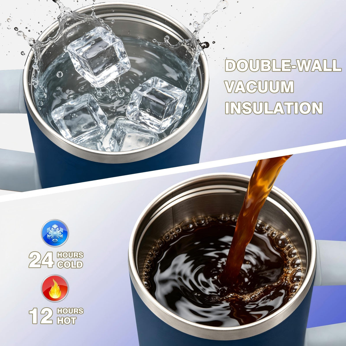 40 oz Insulated Tumbler with Handle and Straw, Stainless Steel Coffee Tumbler with 2 Lids, Double Wall Vacuum Travel Mug, Midnight Navy