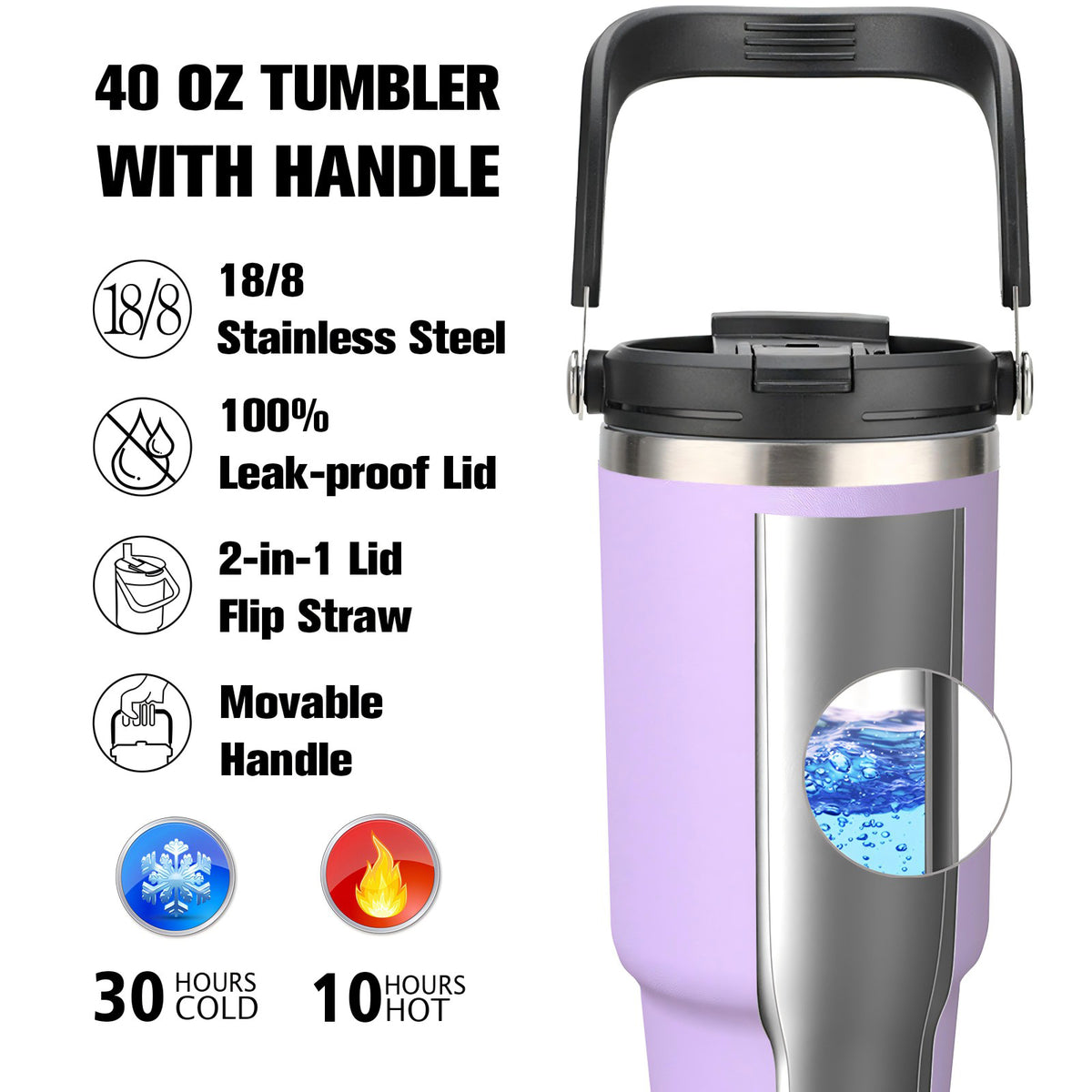 40 oz Tumbler with Handle Leakproof Water Bottles with 2in1 Lid Flip Straw, Stainless Steel Insulated Coffee Travel Mug ,Purple