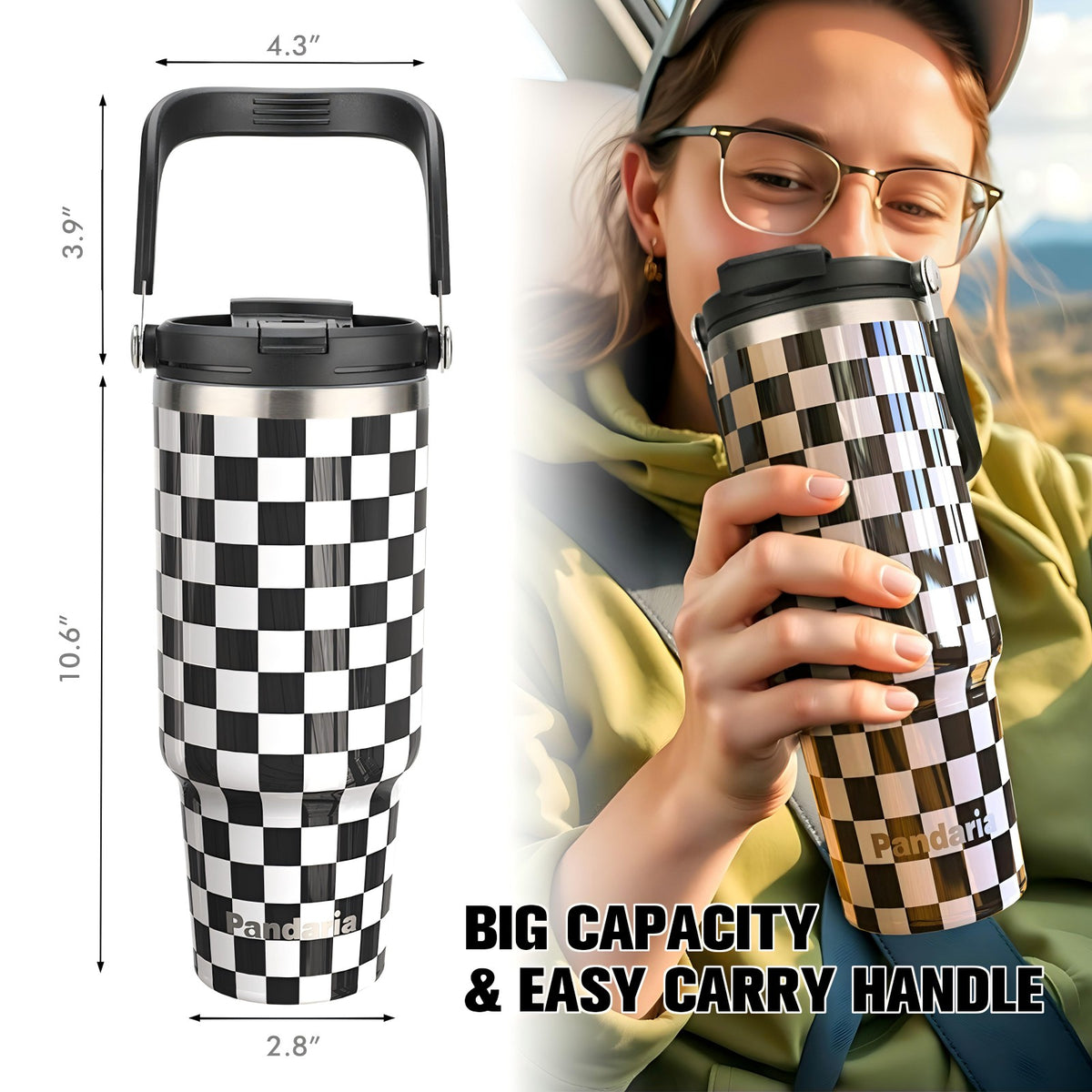 40 oz Tumbler with Handle and 2-in-1 Lid Flip Straw, 100% Leak Resistant Water Bottle, Black white check