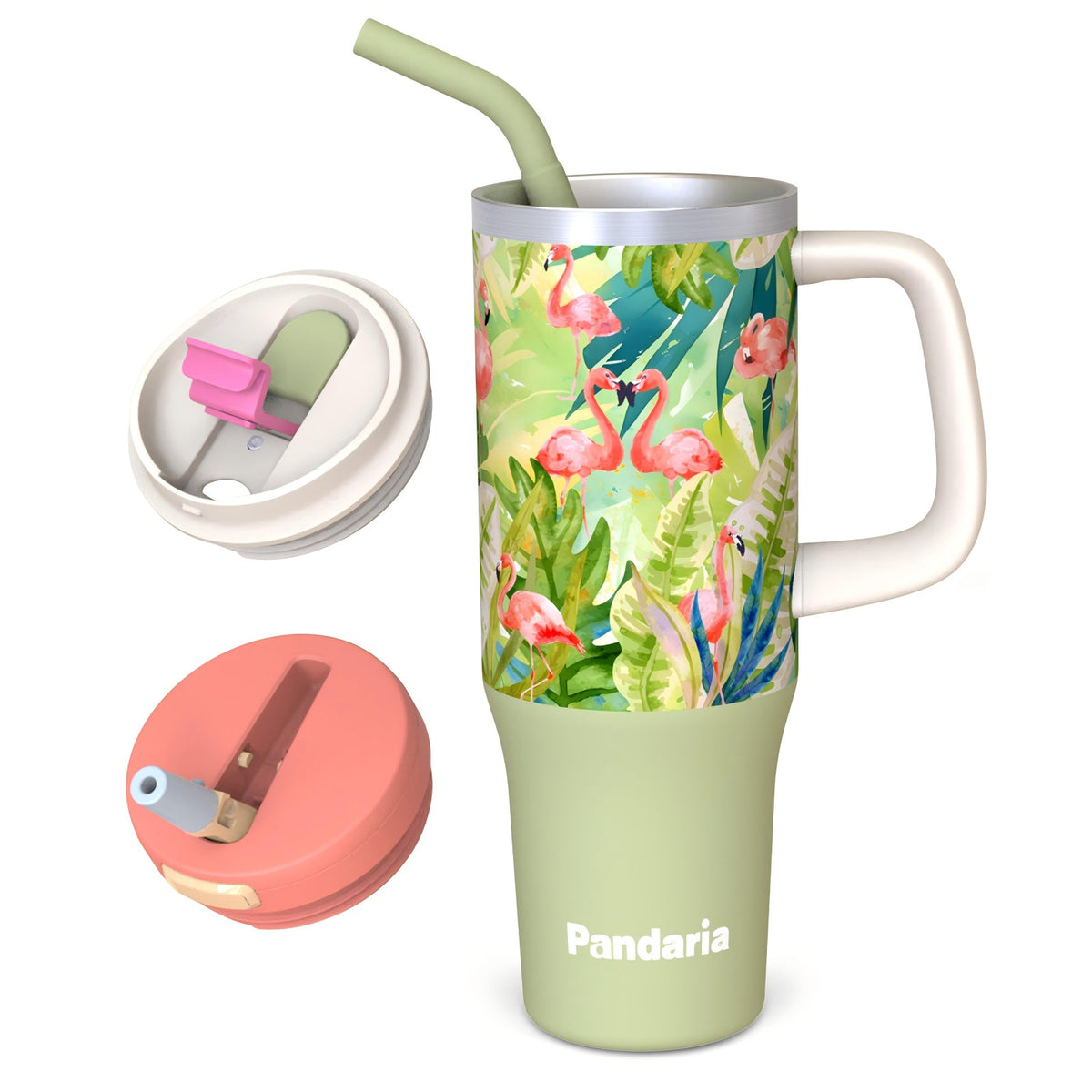40oz Tumbler with Handle, Flamingo Vibe Travel Mug