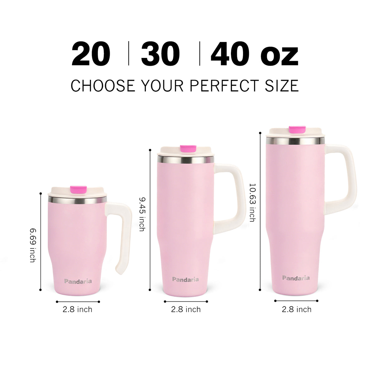 40 oz Insulated Tumbler with Handle and Straw, Stainless Steel Coffee Tumbler with 2 Lids, Double Wall Vacuum Travel Mug, Blush Pink