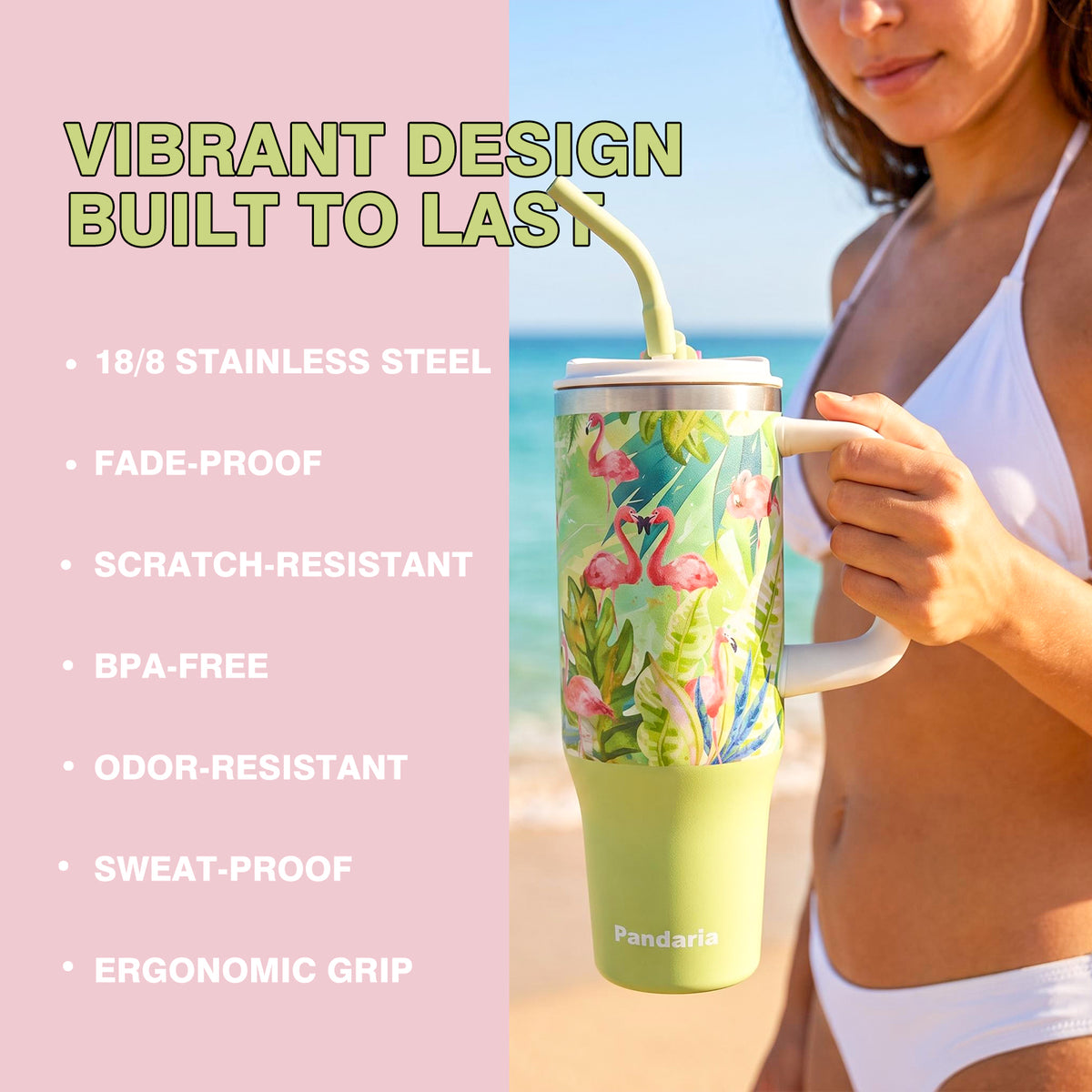 40oz Tumbler with Handle, Flamingo Vibe Travel Mug