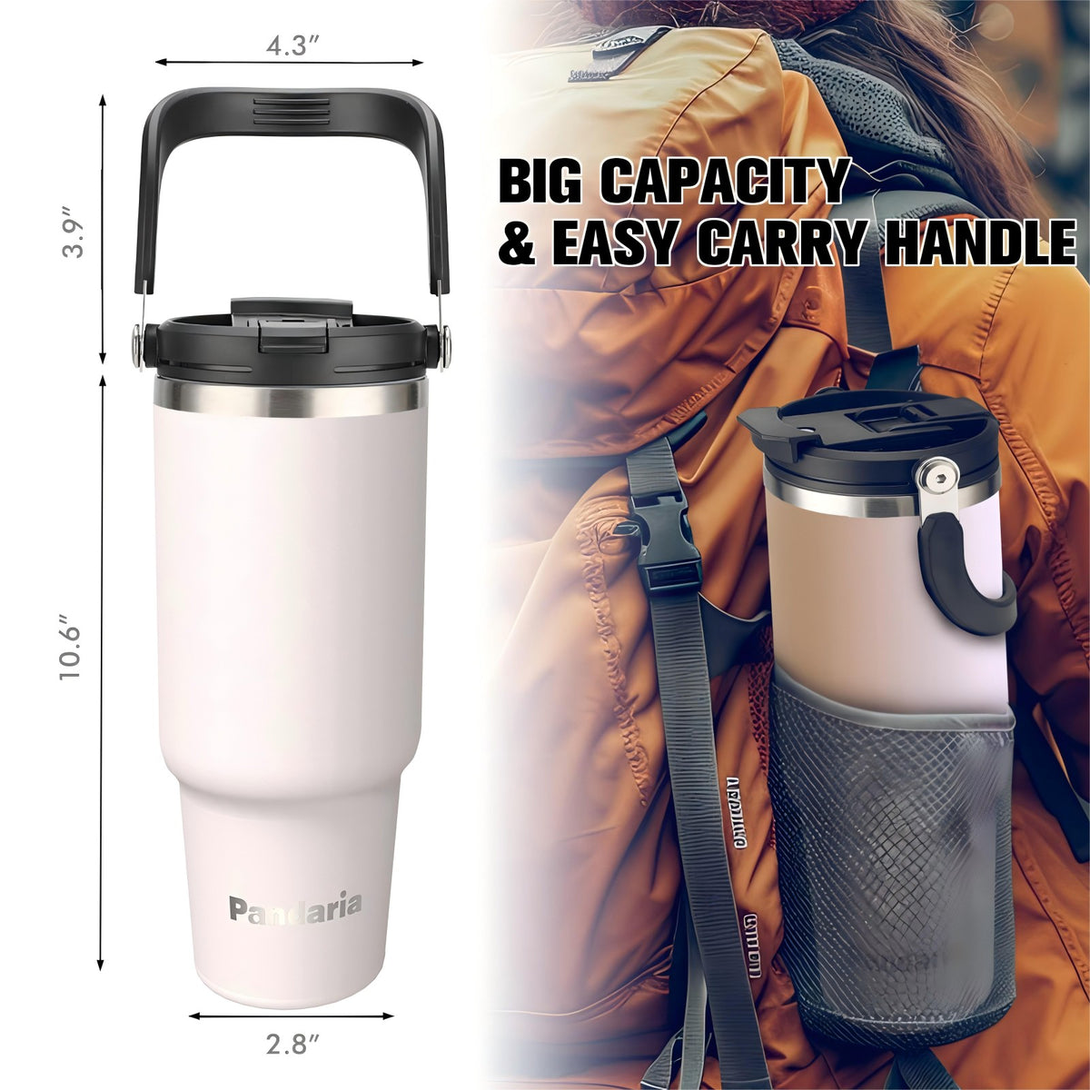 40 oz Tumbler with Handle Leakproof Water Bottles with 2in1 Lid Flip Straw, Stainless Steel Insulated Coffee Travel Mug, white