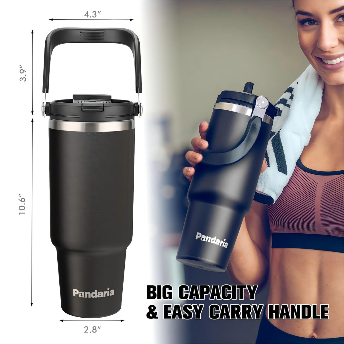 40 oz Tumbler with Handle Leakproof Water Bottles with 2in1 Lid Flip Straw, Stainless Steel Insulated Coffee Travel Mug, Black