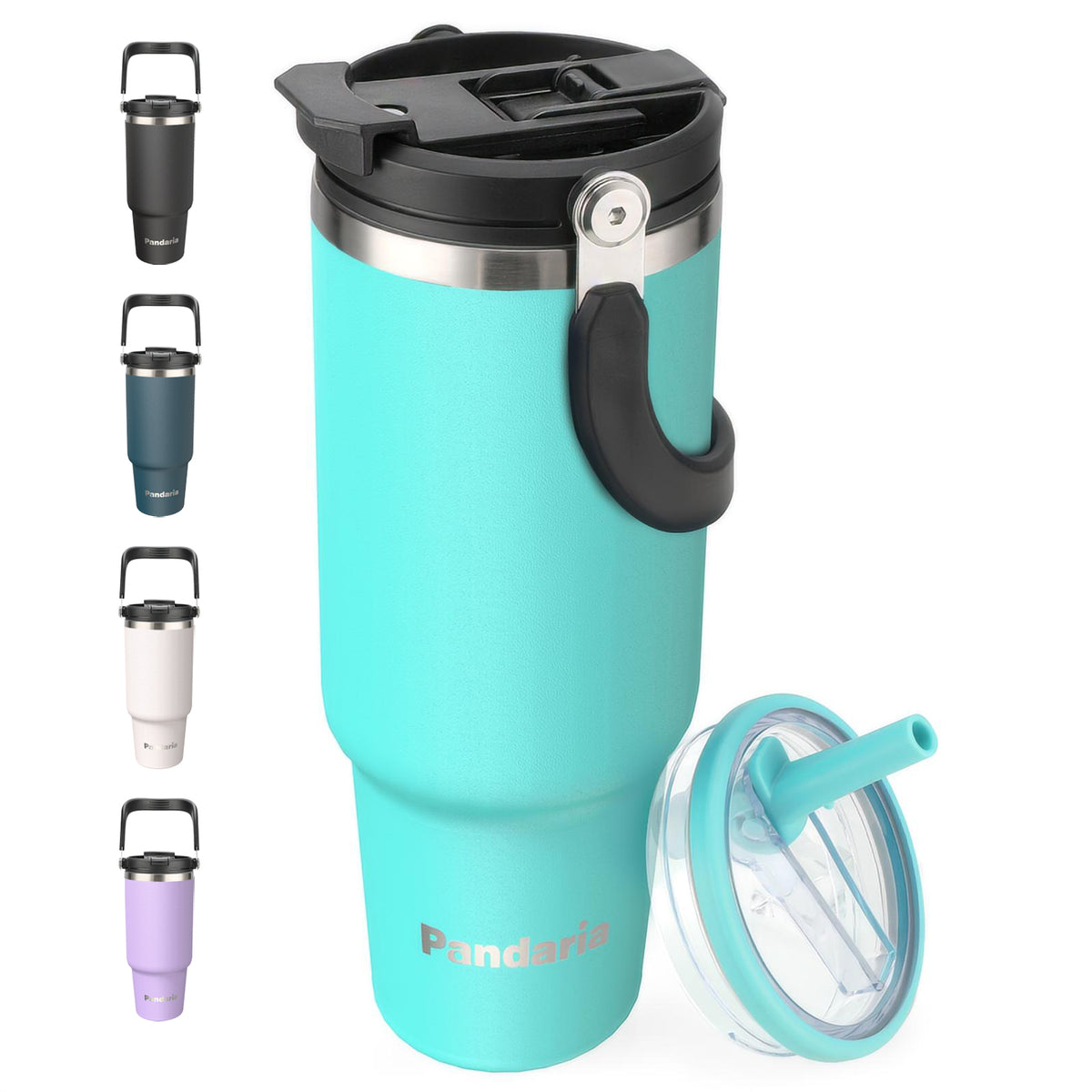 40 oz Tumbler with Handle Leakproof Water Bottles with 2in1 Lid Flip Straw, Stainless Steel Insulated Coffee Travel Mug, Turquoise