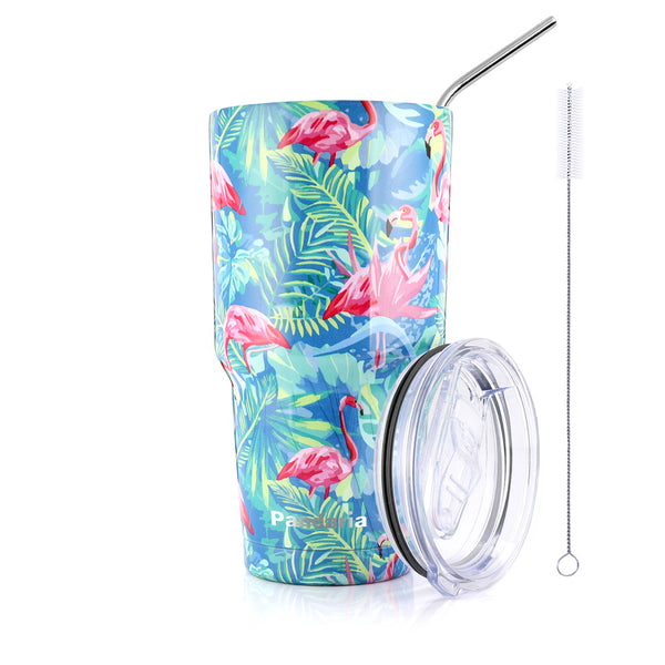 30oz Vacuum Insulated Tumbler Thermal Coffee Cup Large Travel Mug with Lid&Straw, Flamingo Blues