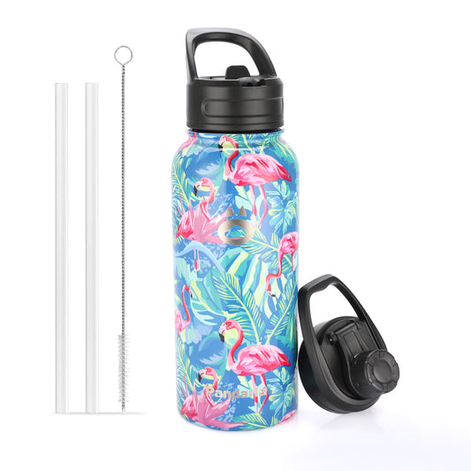 32oz Vacuum Insualed Water Bottle Stainless Steel Sports Canteen with Lids and Straws, Flamingo Blues